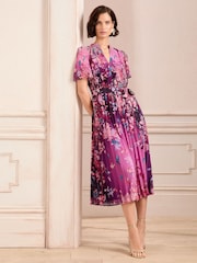 Love & Roses Pink Petite V Neck Pleated Midi Dress - Image 3 of 5