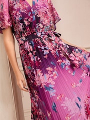 Love & Roses Pink Petite V Neck Pleated Midi Dress - Image 4 of 5