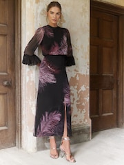 Love & Roses Purple Petite Flute Sleeve Feather Print Midi Dress - Image 1 of 4