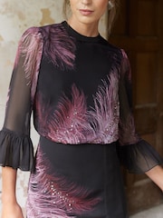 Love & Roses Purple Petite Flute Sleeve Feather Print Midi Dress - Image 2 of 4