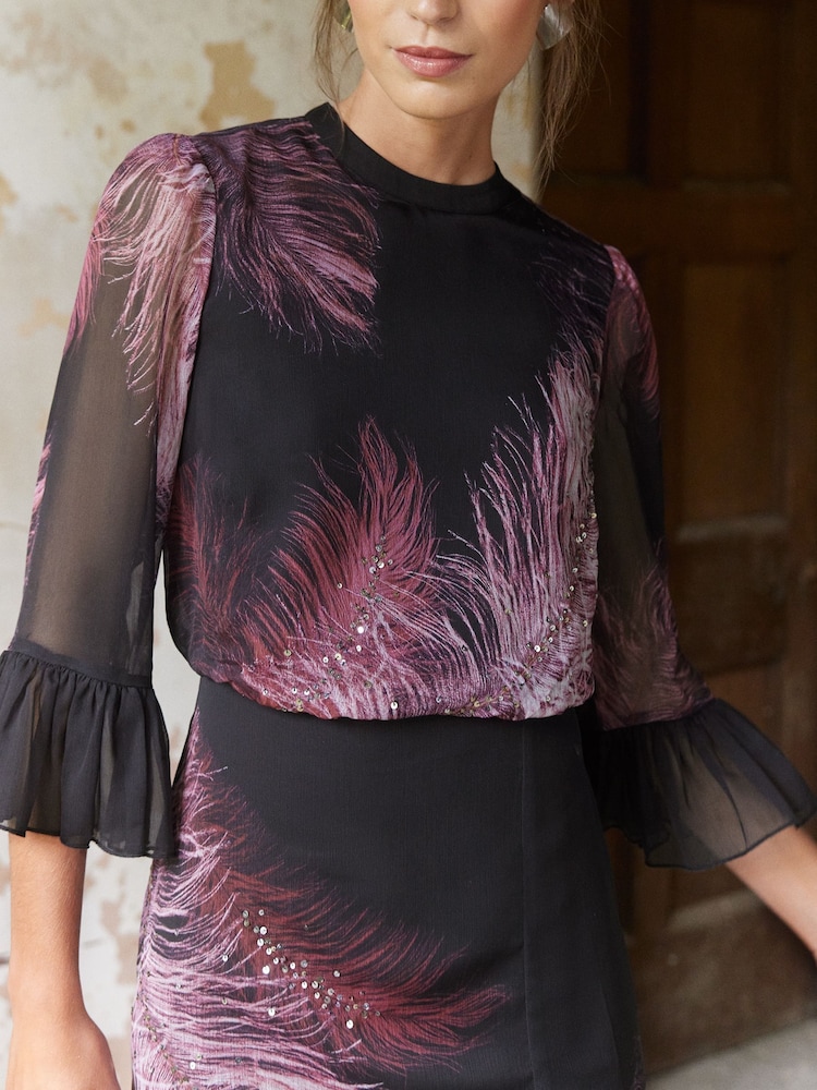 Love & Roses Purple Petite Flute Sleeve Feather Print Midi Dress - Image 2 of 4