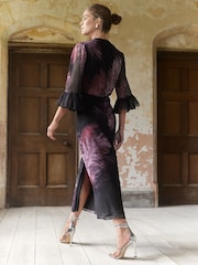Love & Roses Purple Petite Flute Sleeve Feather Print Midi Dress - Image 3 of 4