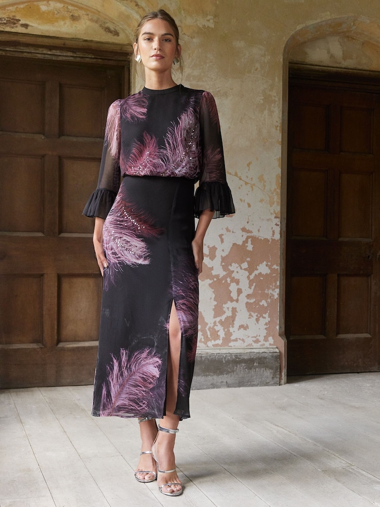 Love & Roses Purple Petite Flute Sleeve Feather Print Midi Dress - Image 4 of 4