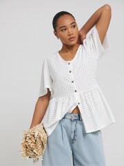 Simply Be White Jersey Broderie Button Through Peplum Top - Image 1 of 4