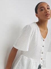 Simply Be White Jersey Broderie Button Through Peplum Top - Image 4 of 4