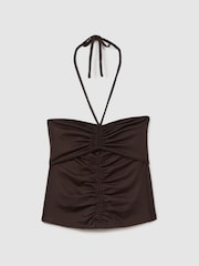 Reiss Chocolate Solare Ruched Halterneck Top - Image 2 of 5