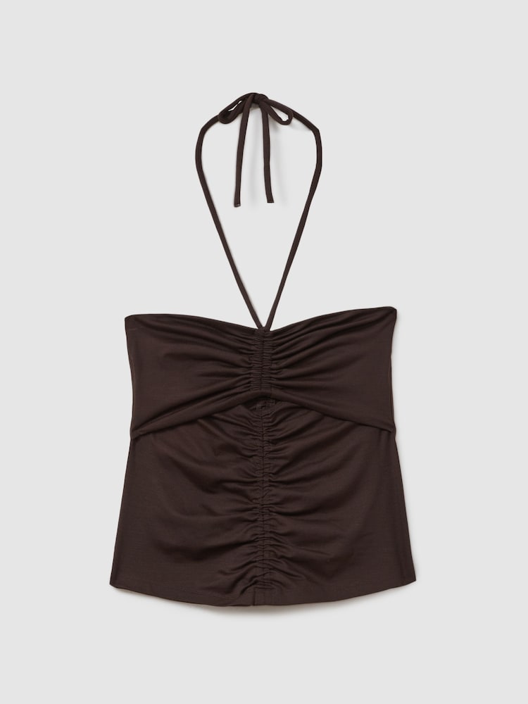 Reiss Chocolate Solare Ruched Halterneck Top - Image 2 of 5