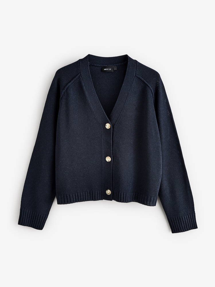 Navy Blue Deep V-Neck Button Up Knit Cardigan - Image 1 of 3
