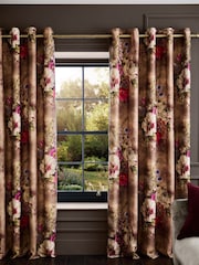 Mink/Pink Bold Floral Linen Blend Eyelet Lined Curtains - Image 2 of 5
