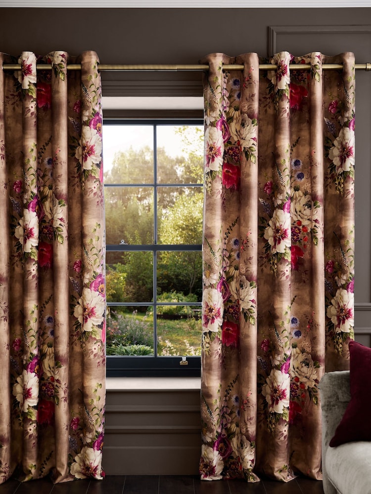 Mink/Pink Bold Floral Linen Blend Eyelet Lined Curtains - Image 2 of 5