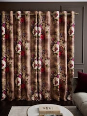 Mink/Pink Bold Floral Linen Blend Eyelet Lined Curtains - Image 3 of 5