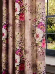 Mink/Pink Bold Floral Linen Blend Eyelet Lined Curtains - Image 4 of 5