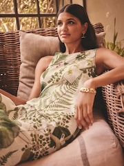 Cream и зеленая пальма Цветы Kew Collection - лен Scoop Back Mini Shift платья - Image 3 of 8