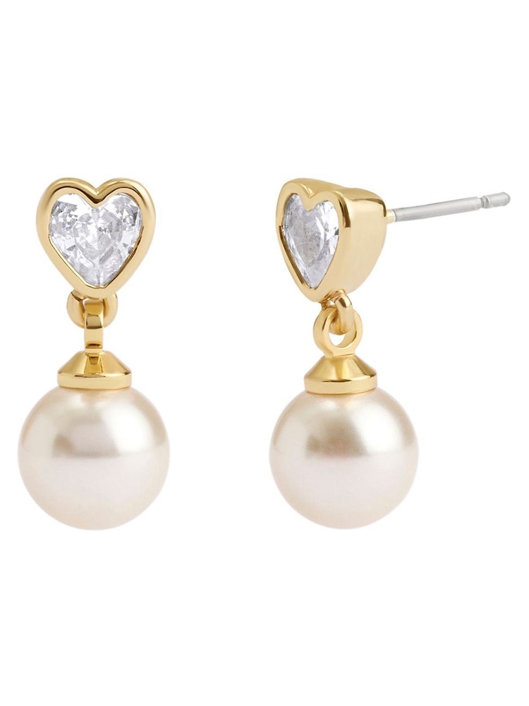 COACH Gold Tone Heart Pearl Drop Earrings - Image 1 of 3