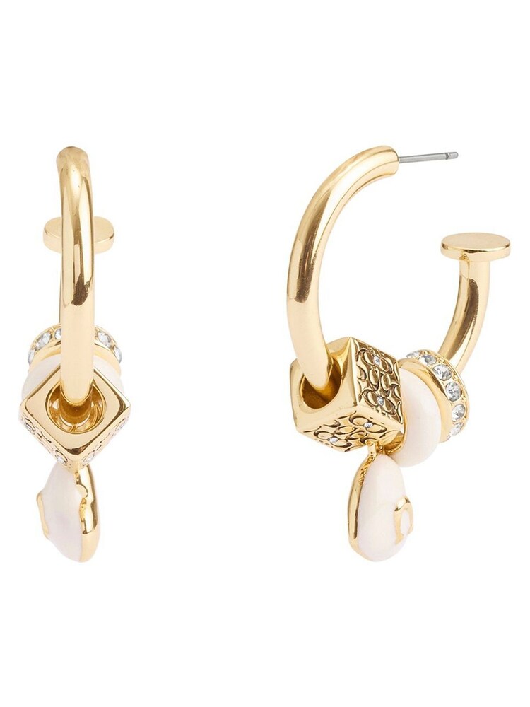 COACH Gold Tone Signature Enamel Heart Charm Hoop Earrings - Image 1 of 4