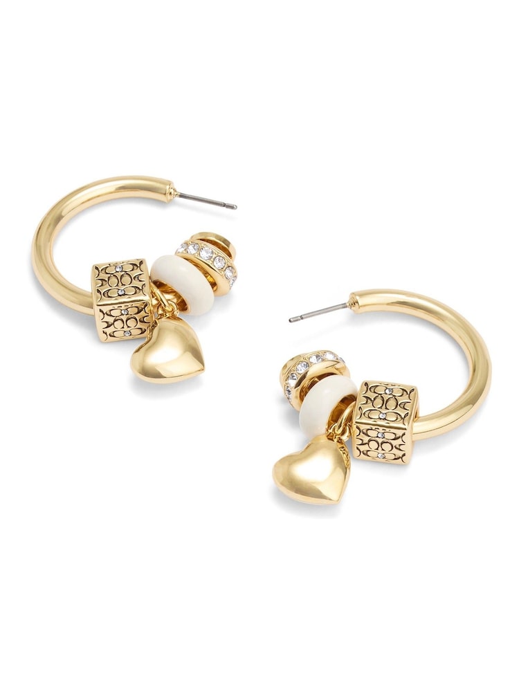 COACH Gold Tone Signature Enamel Heart Charm Hoop Earrings - Image 2 of 4
