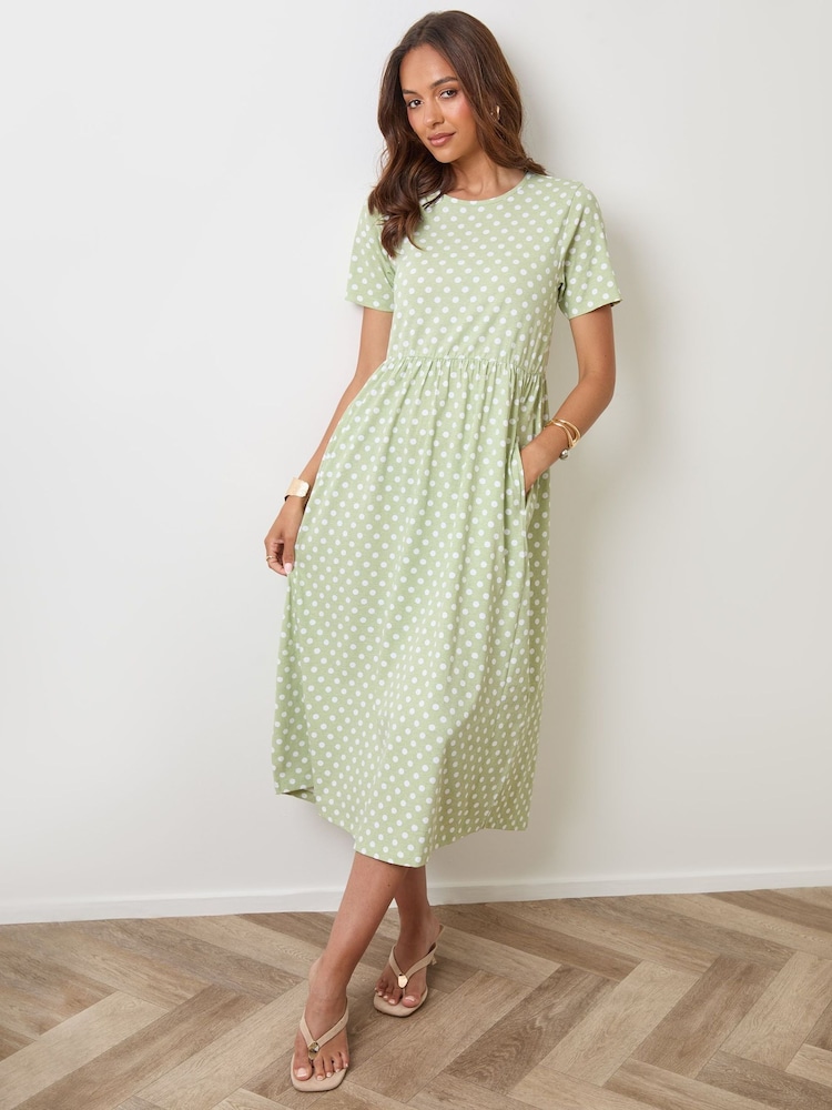 Threadbare Sage Green Petite Jersey Midi Smock Dress With Pockets - Image 1 of 4 Threadbare Sage Green Petite Jersey Midi Smock Dress With Pockets - Image 1 of 4
