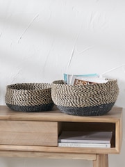 Pacific Natural and Black Seagrass Round Handled Storage Baskets Set of 2 - Image 1 of 5