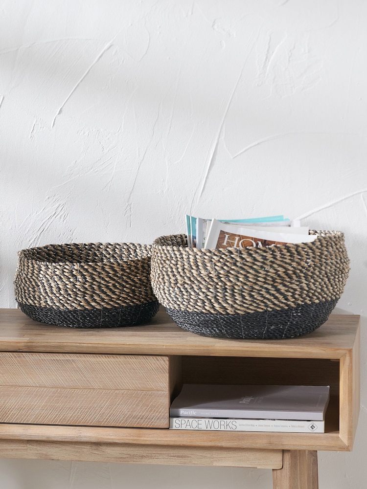 Pacific Natural and Black Seagrass Round Handled Storage Baskets Set of 2 - Image 1 of 5