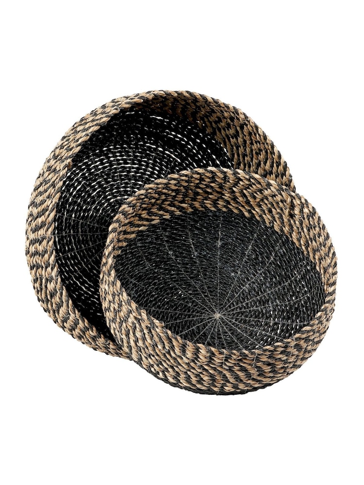 Pacific Natural and Black Seagrass Round Handled Storage Baskets Set of 2 - Image 2 of 5