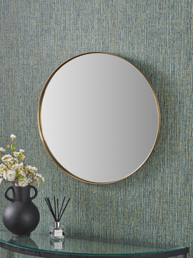 Pacific Brushed Gold Metal Slim Frame Round Small Wall Mirror - Image 1 of 4