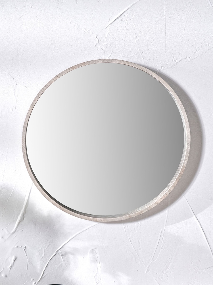 Pacific Grey Oak Wood Veneer Slim Frame Round Wall Mirror - Image 1 of 4