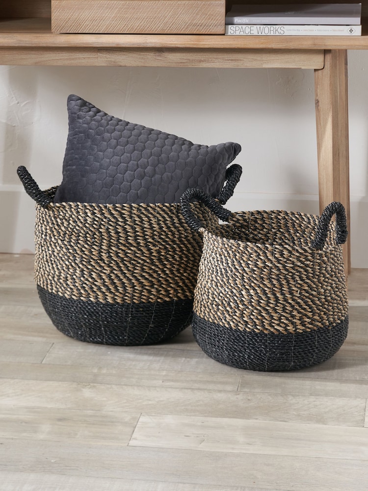 Pacific Black Seagrass Round Handled Storage Baskets Set of 2 - Image 1 of 6