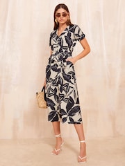 Friends Like These Black/White Short Sleeve Midi Belted Shirt Dress - Image 1 of 4