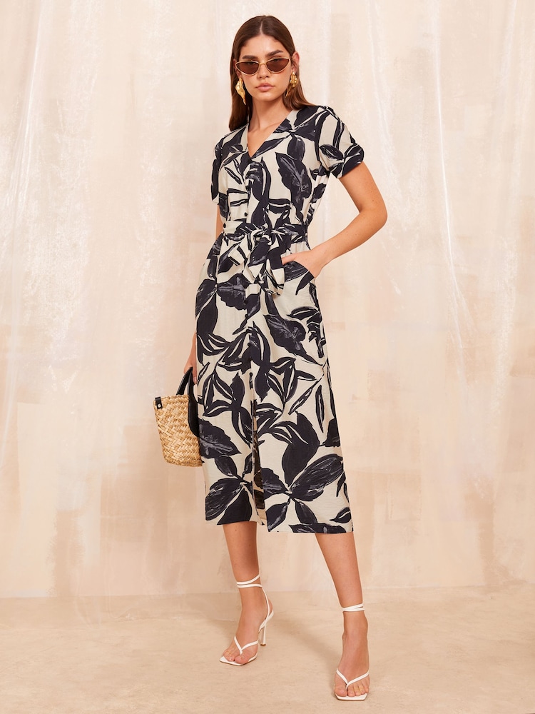 Friends Like These Black/White Short Sleeve Midi Belted Shirt Dress - Image 1 of 4