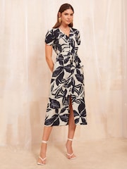 Friends Like These Black/White Short Sleeve Midi Belted Shirt Dress - Image 3 of 4