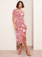 Friends Like These Red Short Sleeve Midi Belted Shirt Dress - Image 1 of 4