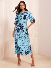 Friends Like These Blue Puff Sleeve Empire Bust Midi Dress - Image 1 of 4