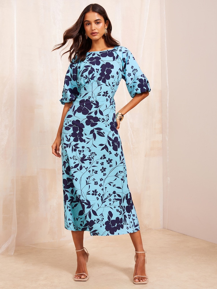 Friends Like These Blue Puff Sleeve Empire Bust Midi Dress - Image 1 of 4 Friends Like These Blue Puff Sleeve Empire Bust Midi Dress - Image 1 of 4