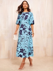 Friends Like These Blue Puff Sleeve Empire Bust Midi Dress - Image 3 of 4