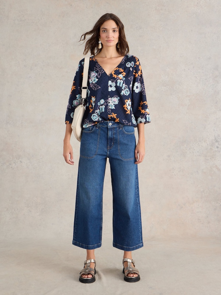 White Stuff Dark Denim Tia Wide Leg Crop Jeans - Image 1 of 6