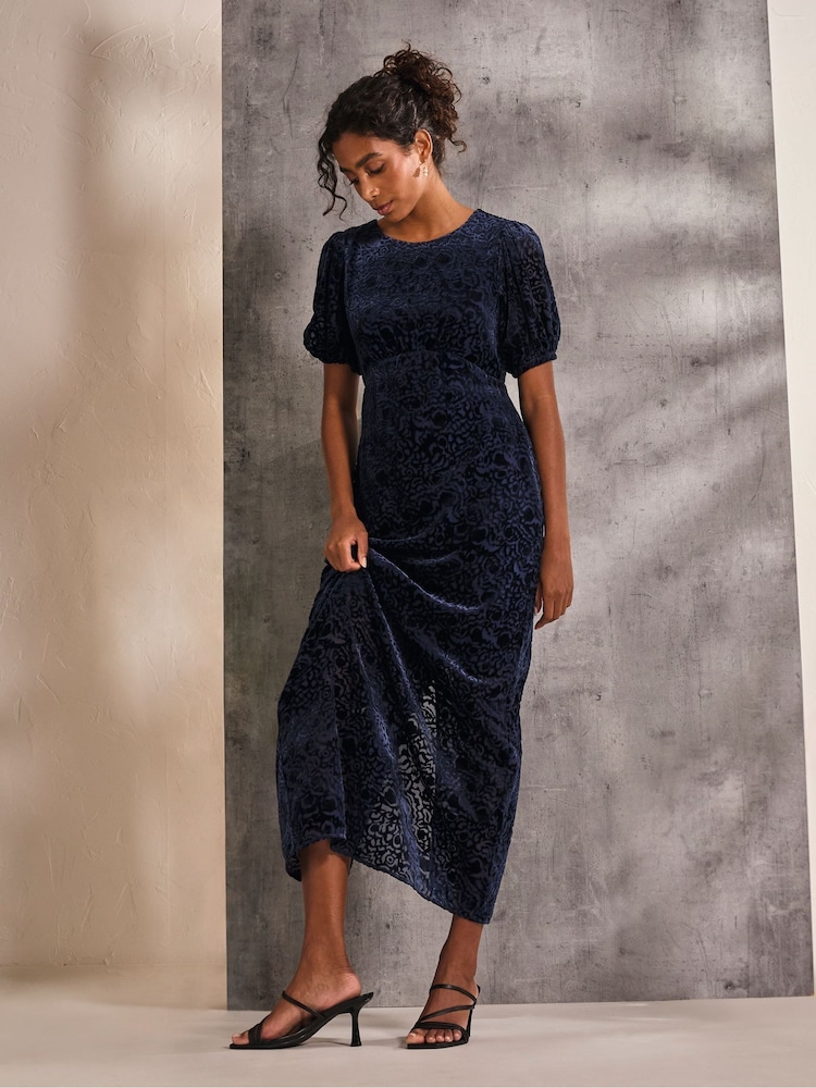 FatFace Blue Nora Burnout Midi Dress - Image 1 of 6