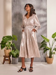 FatFace Gold Rina Metallic Midi Dress - Image 1 of 6