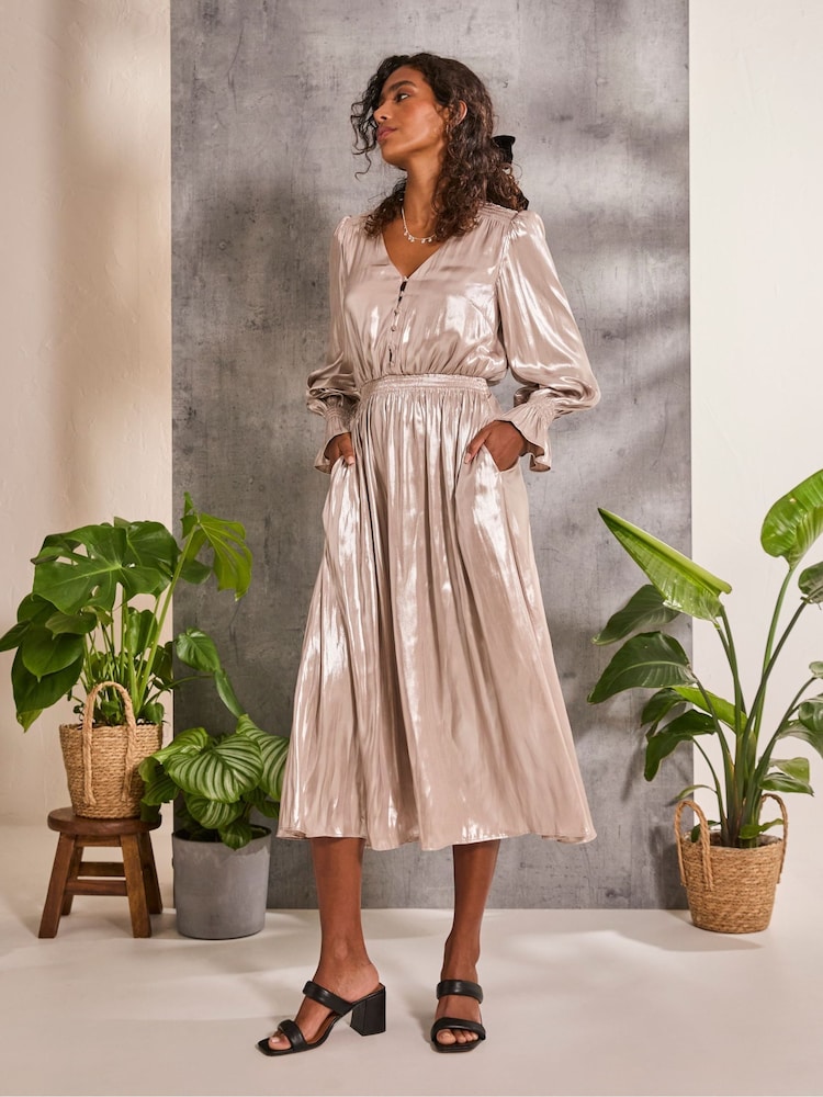 FatFace Gold Rina Metallic Midi Dress - Image 1 of 6