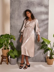FatFace Gold Rina Metallic Midi Dress - Image 3 of 6