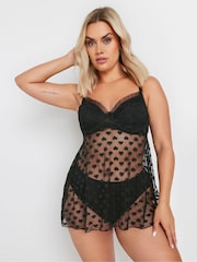 Yours Curve Black Heart Mesh Underwired Babydoll - Image 2 of 4