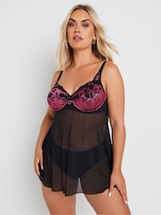 Yours Curve Black Thea Two Tone Lace Underwired Babydoll - Image 2 of 4