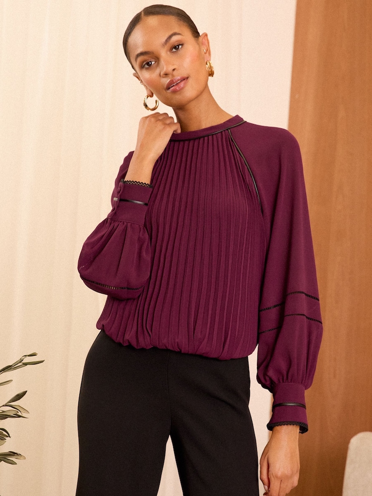 Love & Roses Red High Neck Pleated Long Sleeve Blouse - Image 1 of 4