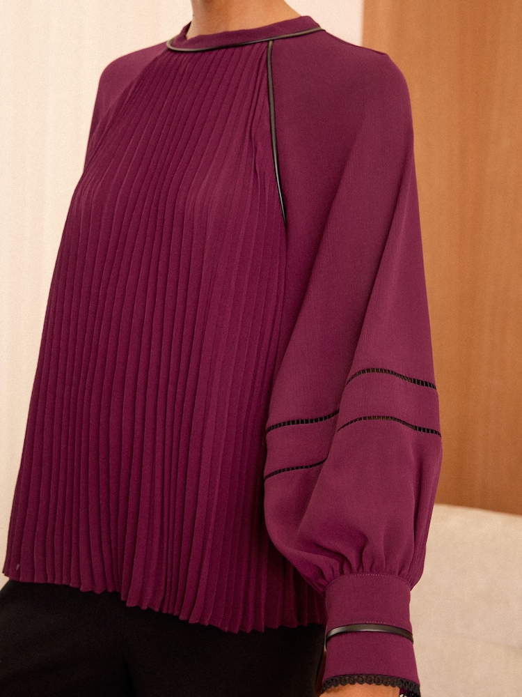 Love & Roses Red High Neck Pleated Long Sleeve Blouse - Image 2 of 4
