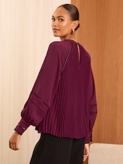 Love & Roses Red High Neck Pleated Long Sleeve Blouse - Image 3 of 4