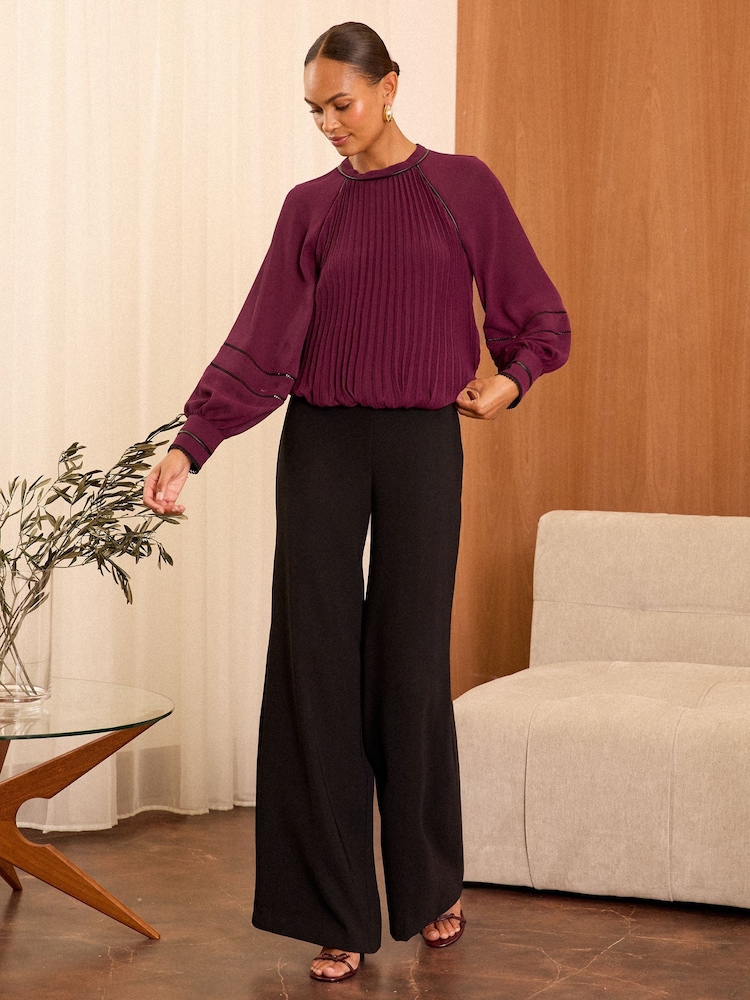 Love & Roses Red High Neck Pleated Long Sleeve Blouse - Image 4 of 4