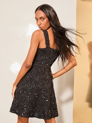 Lipsy Black Rose Floral Sequin Square Neck Mini  Skater Dress - Image 4 of 4