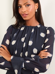 Lipsy Navy Blue Long Sleeve Gathered Waist Polka Dot Midi Dress - Image 2 of 4