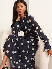 Lipsy Navy Blue Long Sleeve Gathered Waist Polka Dot Midi Dress - Image 3 of 4