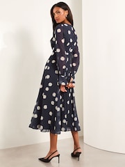 Lipsy Navy Blue Long Sleeve Gathered Waist Polka Dot Midi Dress - Image 4 of 4