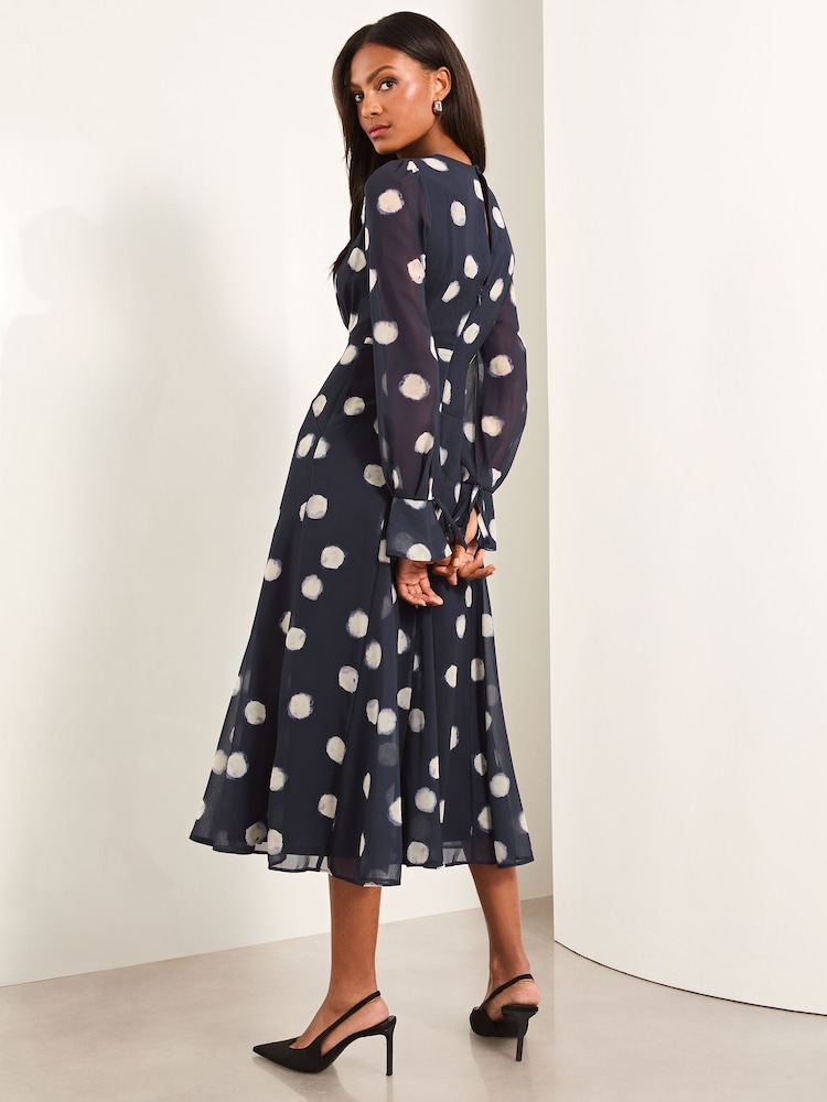 Lipsy Navy Blue Long Sleeve Gathered Waist Polka Dot Midi Dress - Image 4 of 4